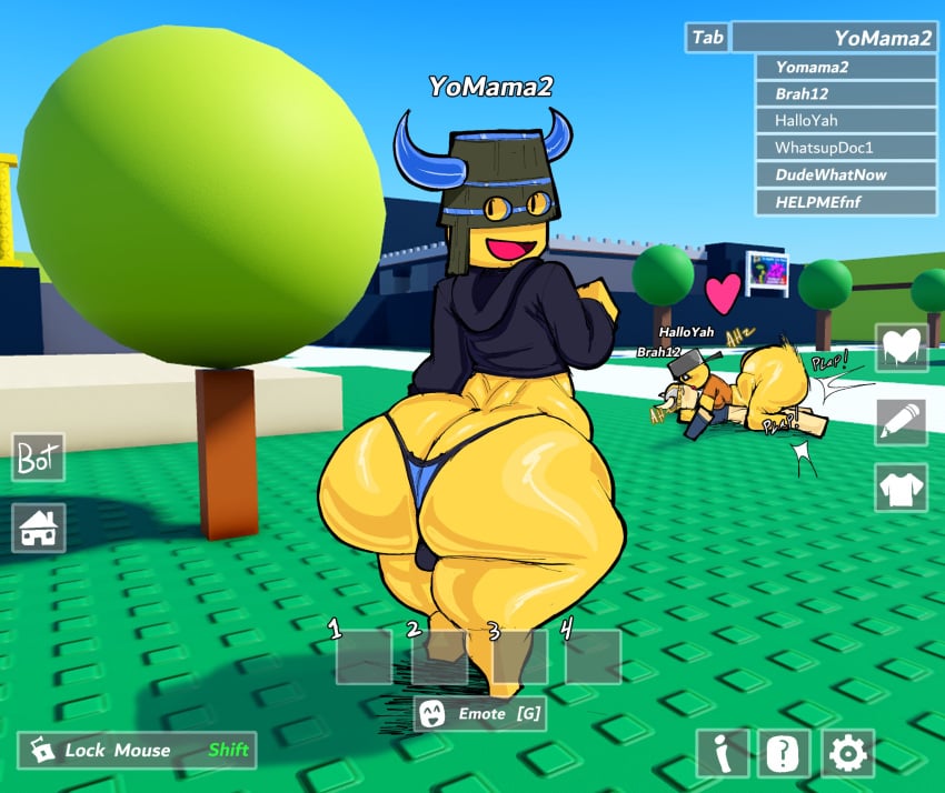 2d 2d_(artwork) 2d_artwork 3d_background 3femboys big_ass dmn_bitch_you_walk_with_that_fatass? femboy_only game_ui gay lofasnofa name_tag roblox robloxian tagme yellow_body