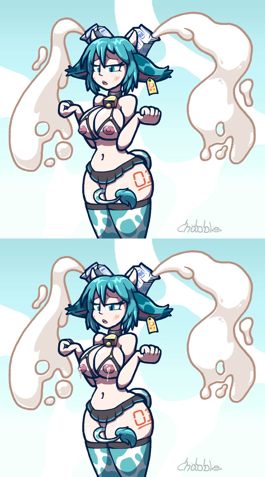 1girls chabble cow_ears cow_girl cow_horns cow_print cow_print_bikini cow_print_thighhighs cow_tail green_eyes green_hair hatsune_miku lactating lactation lactation_through_clothes milk milk_carton