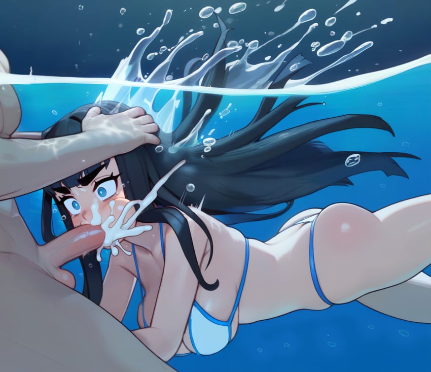 1boy ai_generated ass bikini black_hair blue_eyes blunt_bangs breasts brush404 bubbles cheek_bulge cum cum_in_mouth fellatio female floating from_side head_grab kill_la_kill kiryuuin_satsuki long_hair medium motion_lines overflow stable_diffusion thick_eyebrows underwater wide_eyed