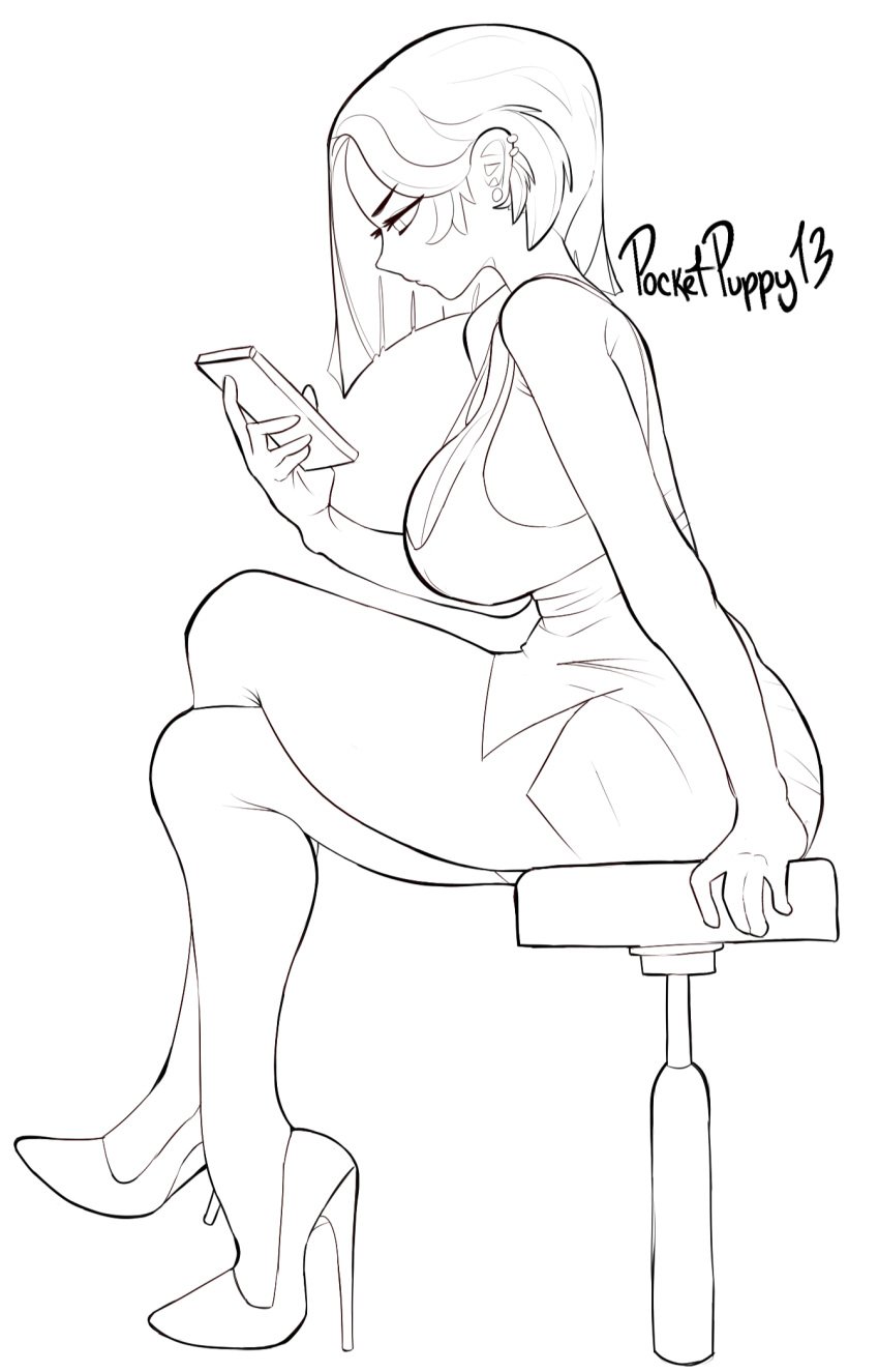 black_and_white duolingo high_heels huge_breasts lily_(duolingo) line_art looking_at_cellphone pocketpuppy13 sitting thighs