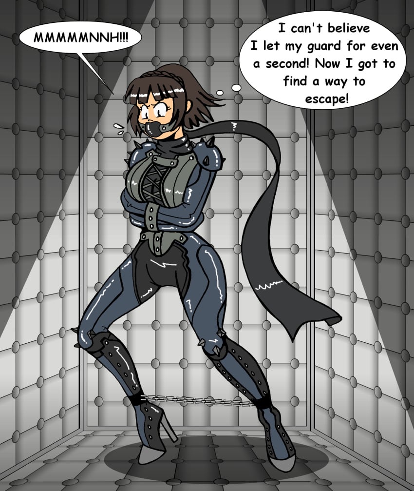 alexanderlegrand ball_gag bondage boots bound brown_hair english_text female female_only femsub fully_clothed gag gagged gagged_speech high_heels png shiny_clothes speech_bubble straitjacket text thought_bubble tight_clothing