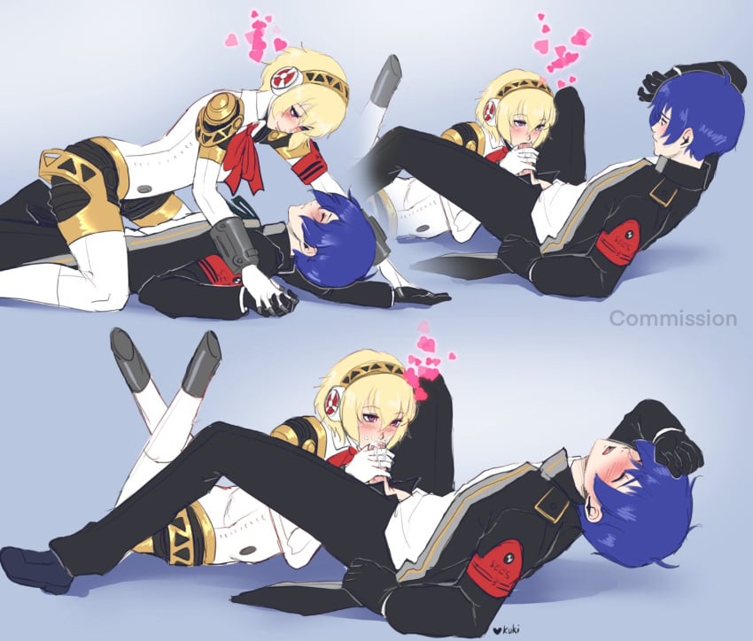 1boy 1girls aegis_(persona) aigis_(persona) android android_girl blonde_hair blowjob blue_hair clothed_sex commission cum cum_in_mouth fellatio femdom heart heart_symbol horny_female makoto_yuki moonllita_(artist) persona persona_3 robot robot_girl submissive_male uniform