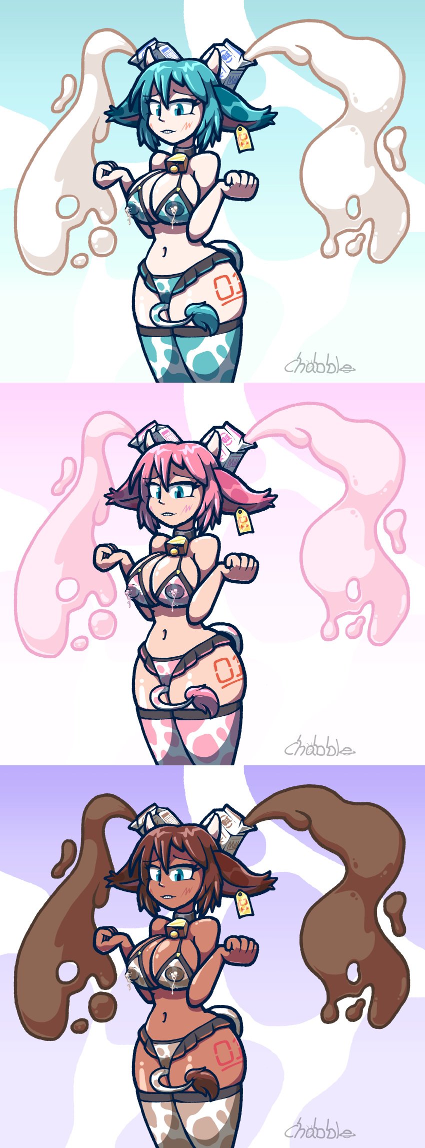 1girls brown_hair brown_skin chabble chocolate_milk cow_ears cow_girl cow_horns cow_print cow_print_bikini cow_print_thighhighs cow_tail green_eyes green_hair hatsune_miku lactating lactation lactation_through_clothes milk milk_carton pink_hair strawberry_milk