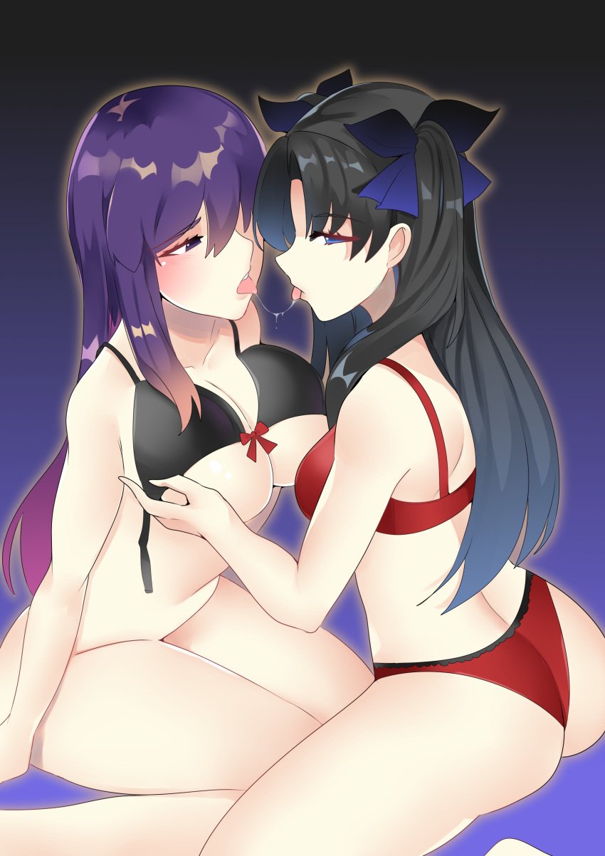 2girls absurdres after_kiss ass breasts fate/stay_night fate_(series) highres incest kissing kuroeart long_hair looking_at_another looking_at_viewer matou_sakura multiple_girls saliva saliva_trail siblings sisters tagme tohsaka_rin undressing_another yuri