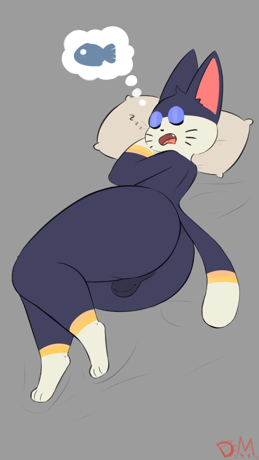 animal_crossing animal_humanoid anthro ass balls big_butt dangermons domestic_cat dream felid feline felis fish fur genitals hair hi_res humanoid male mammal marine nintendo nude nude_male pillow punchy_(animal_crossing) simple_background sleeping solo