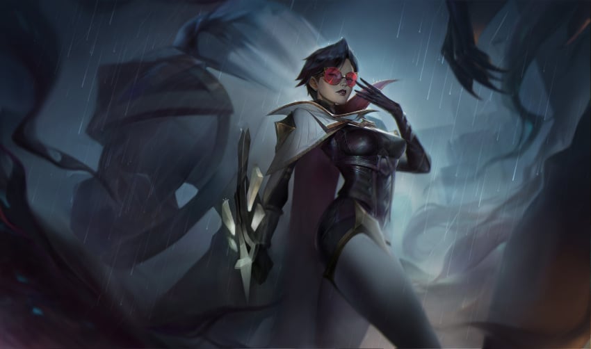 1girls 2d big_breasts black_hair female female female_focus female_only full_body fully_clothed glasses gloves latex latex_clothing latex_gloves latex_suit league_of_legends leather lipstick nipples_visible_through_clothing red_eyes seductive seductive_look sentinel_vayne short_hair thick_thighs vayne