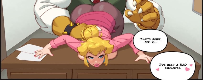 2024 alternate_costume blonde_hair blue_eyes bowser breasts breasts_out comic comic_page mario_(series) office office_clothing office_lady pantyhose princess_peach rizdraws underwear