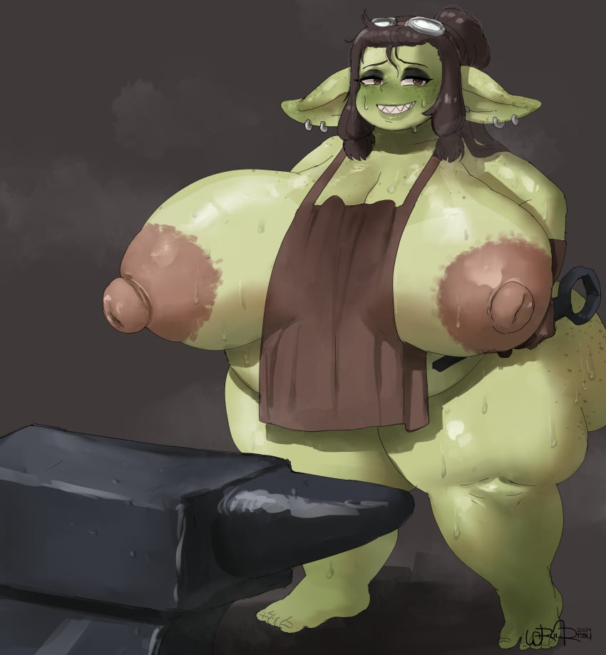 1girls big_breasts blacksmith female_only female_pred goblin goblin_female green_skin huge_ass huge_breasts shortstack voluptuous voluptuous_female vore waruiartsy weight_gain