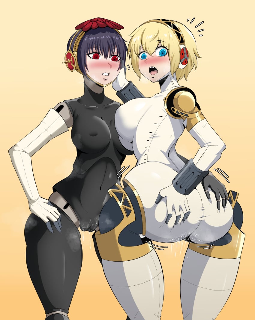 2girls absurdres aegis_(persona) aigis_(persona) android ass blonde_hair blue_eyes blush breasts cameltoe covered_erect_nipples covered_navel female_focus highres huge_ass joints large_breasts metis_(persona) multiple_girls naver persona persona_3 pussy_juice red_eyes robot_joints short_hair siblings sisters steam sweat wide_hips