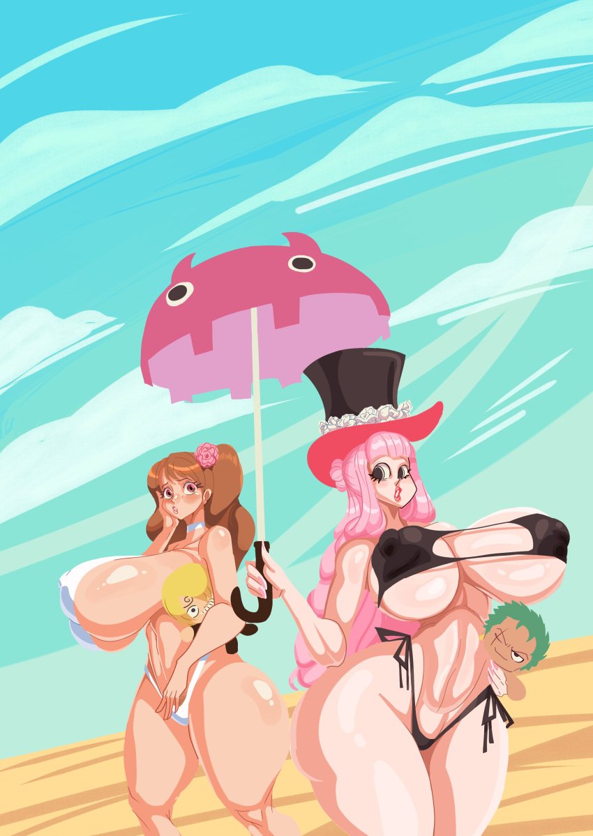 beach breasts_bigger_than_head charlotte_pudding daysy erect_nipples female female_only giant_breasts hourglass_figure huge_ass huge_breasts one_piece perona swimsuit