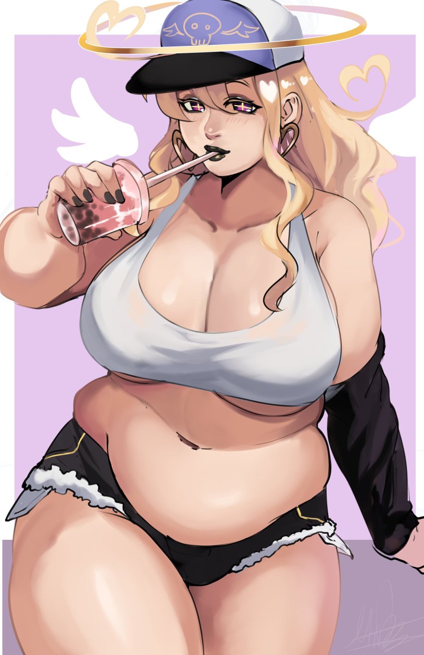 1girls ahoge angel angel_wings angie_(puzzled_artist) baseball_cap belly black_lipstick blonde_hair boba_tea bubble_tea cap chubby crop_top cup drinking drinking_straw female halo hat heart midriff original plump ponytail purple_eyes puzzled_artist short_shorts solo solo_female solo_focus straw streetwear symbol-shaped_pupils thick thighs underboob white_shirt