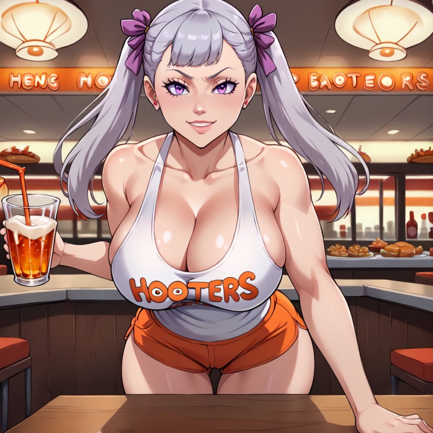 ai_generated alcohol big_breasts black_clover booty_shorts breasts cleavage clothed curvy drink glass hi_res hooters hourglass_figure huge_breasts large_breasts no_bra noelle_silva purple_eyes rubyart shirt shorts silver_hair thick_thighs thighs twintails voluptuous