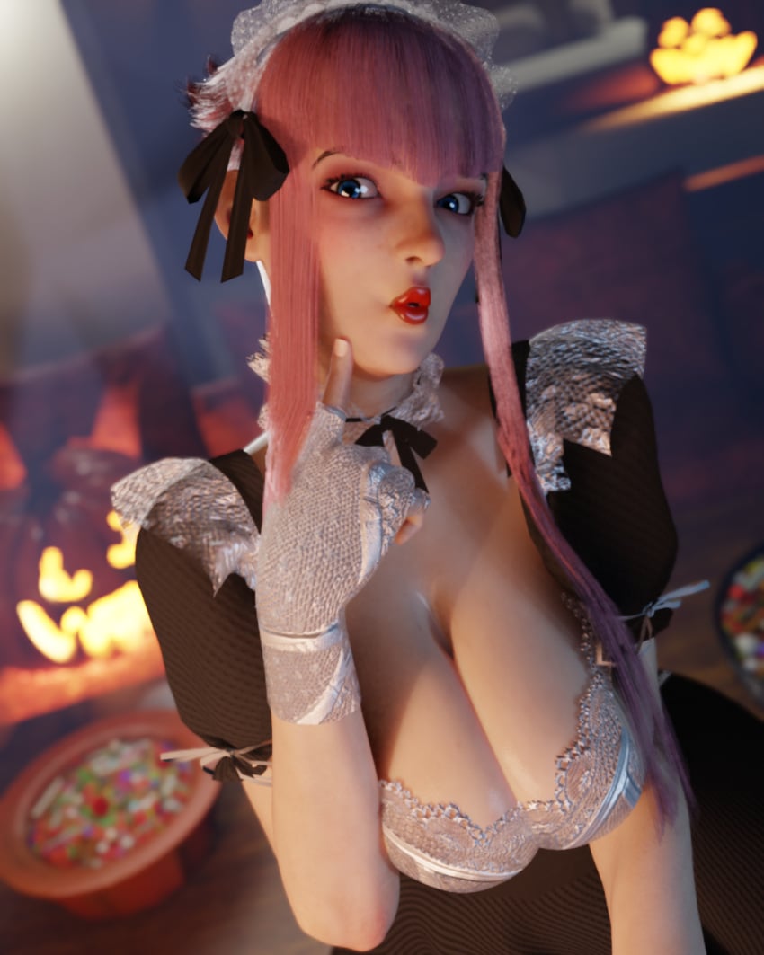 3d bangs big_breasts blue_eyes blurry_background breasts cleavage halloween jack-o'-lantern maid maid_headdress maid_uniform manon_legrand pink_hair red_lipstick rougenine sidelocks street_fighter street_fighter_6