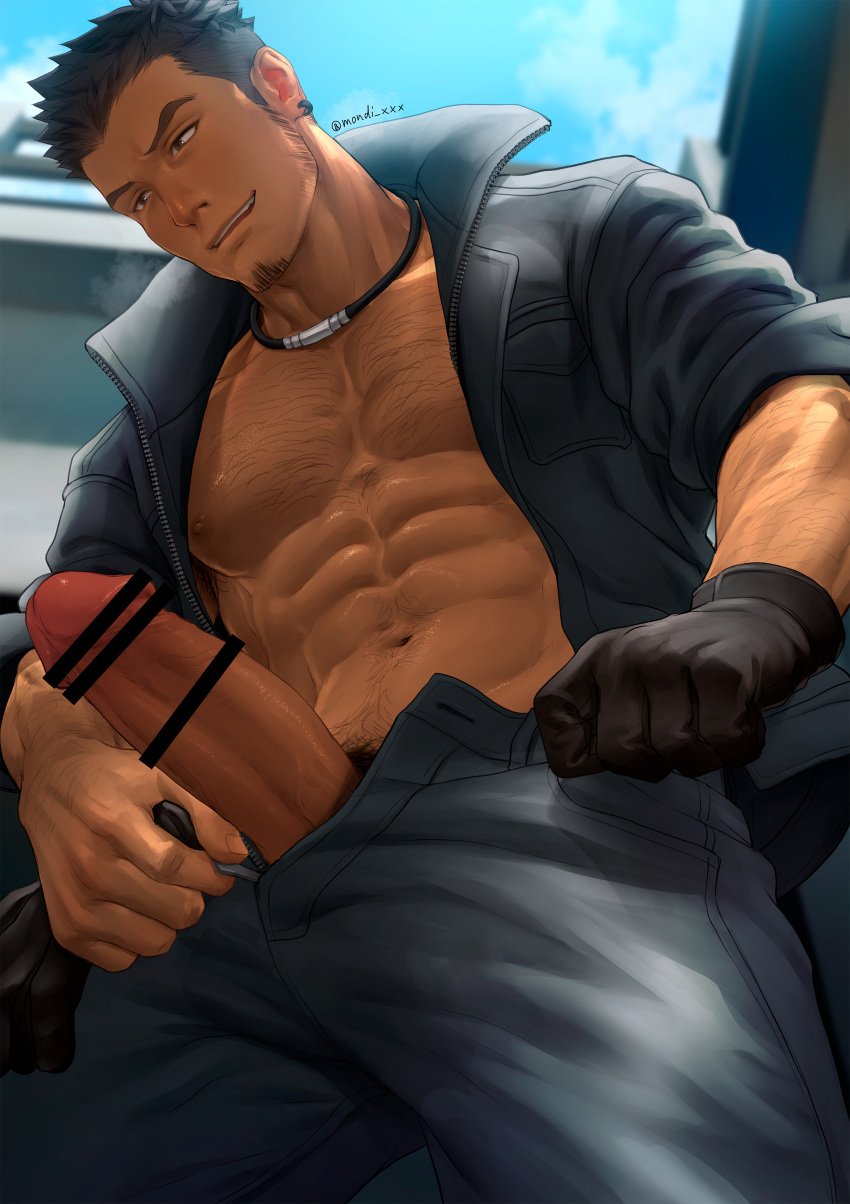 1boy abs arm_hair bara beard beefy big_breasts big_penis black_eyes black_hair censor_bar censored censored_penis chest_hair clothed daddy dilf earrings erect_nipples erection gay gloves hi_res huge_cock jacket jacket_open looking_down male male_only mature_male middle_aged mondi_xxx morning muscles muscular muscular_arms muscular_male navel_hair necklace open_mouth original original_character outdoors pants_down pecs pubic_hair range_(mondi_xxx) short_hair sideburns six_pack steam steamy_breath thick_eyebrows thick_neck thick_penis underwear_down unzipped veiny_penis very_high_resolution