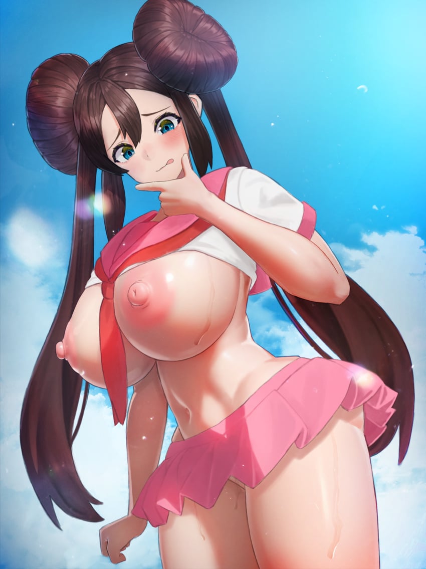 belly_button big_breasts big_nipples blue_eyes blue_sky blush breasts breasts_out brown_hair closed_mouth clouds cowboy_shot from_below hair_buns hi_res highres huge_breasts japanese_school_uniform large_areolae large_breasts legs lens_flare long_hair looking_down microskirt miniskirt no_panties noperori partially_clothed partially_nude partially_undressed perky_nipples pokemon pokemon_bw2 rosa_(pokemon) school_uniform shiny_clothes shiny_skin sky sweat sweaty sweaty_body tagme thick_thighs thinking tongue_out twintails