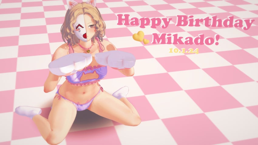 1boy 3d birthday blush cat_ears cat_lingerie checkered_floor clothed collar crossdressing danganronpa danganronpa_another english_text fanganronpa half_mask koikatsu light-skinned_male male_focus male_only no_penetration no_sex sannoji_mikado sdra2 socks solo solo_focus super_danganronpa_another_2 text