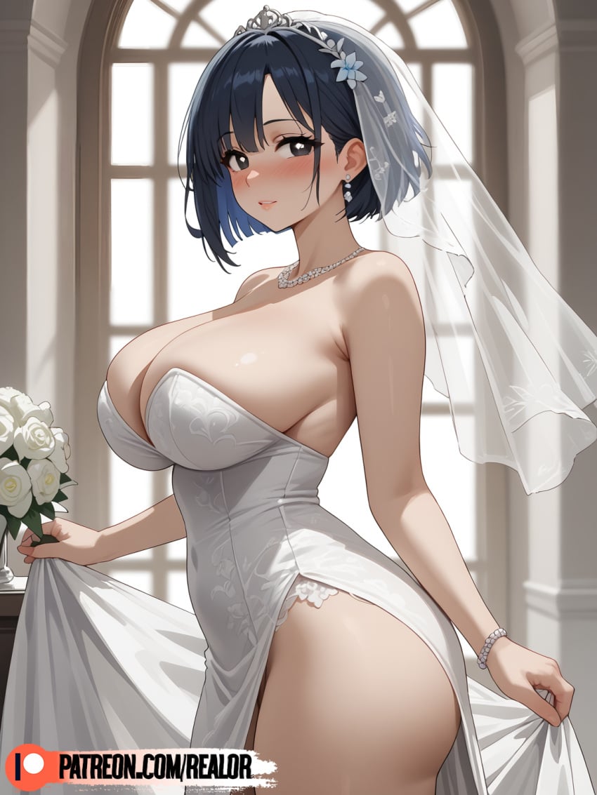 ai_generated big_ass big_breasts black_eyes dark_hair female netorare ntr realor solo stockings thighs wedding wedding_dress