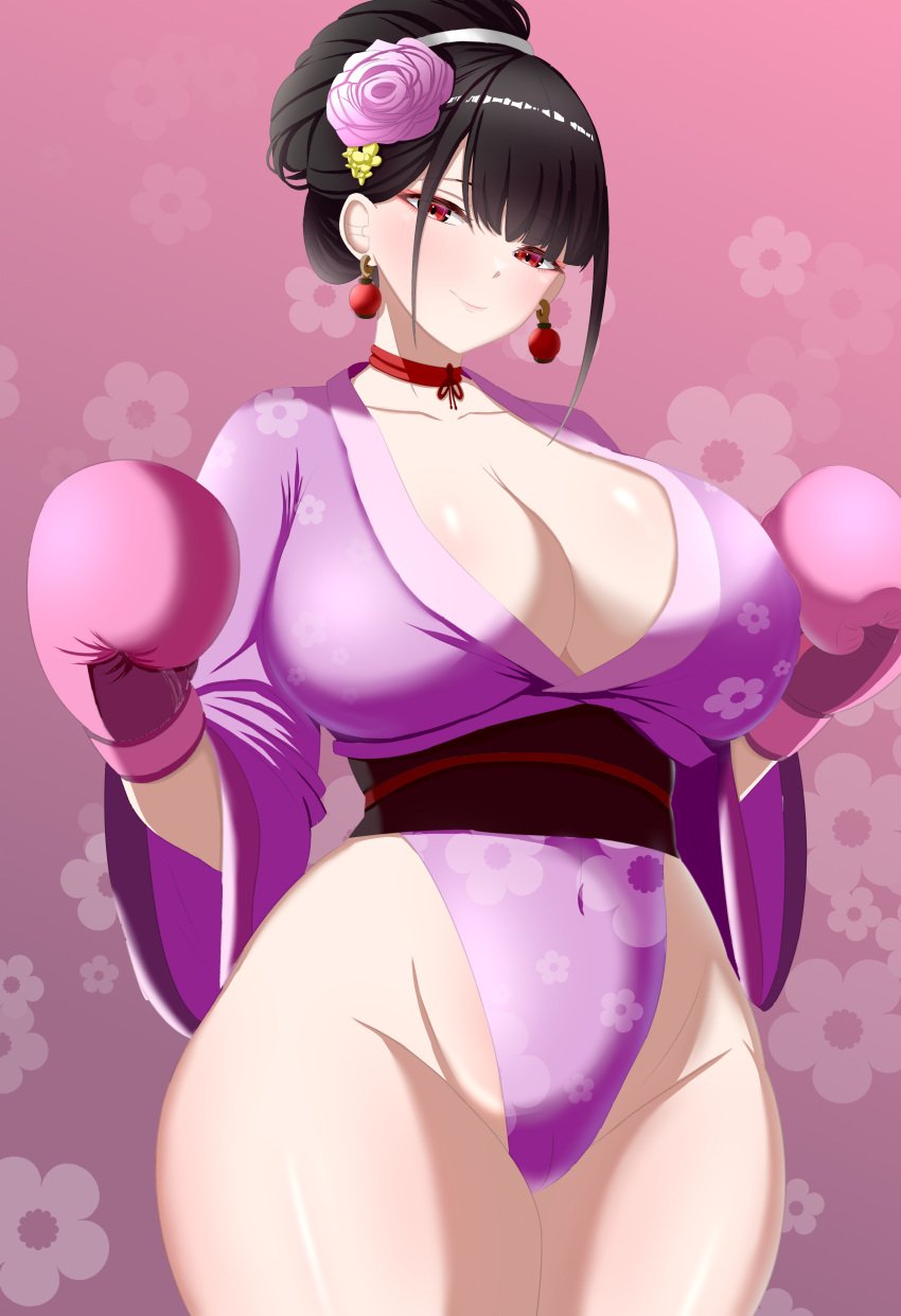 1girls ass bangs big_breasts big_butt black_hair blunt_bangs blush boxing boxing_gloves breasts busty cleavage curvy curvy_body curvy_female curvy_figure earrings female female_focus female_only fit_female flower_in_hair fringe fringe_hair hair_bun hair_flower hair_ornament huge_ass huge_breasts japanese_clothes japanese_female kimono kunoichi_enrai large_ass large_breasts last_origin light-skinned_female light_skin massive_breasts only_female pink_boxing_gloves pink_kimono red_eyes revealing_clothes sash single_hair_bun smile smiling solo solo_female solo_focus standing thick thick_ass thick_hips thick_legs thick_thighs thighs voluptuous voluptuous_femal wide_hips 刹那kasana_(artist)