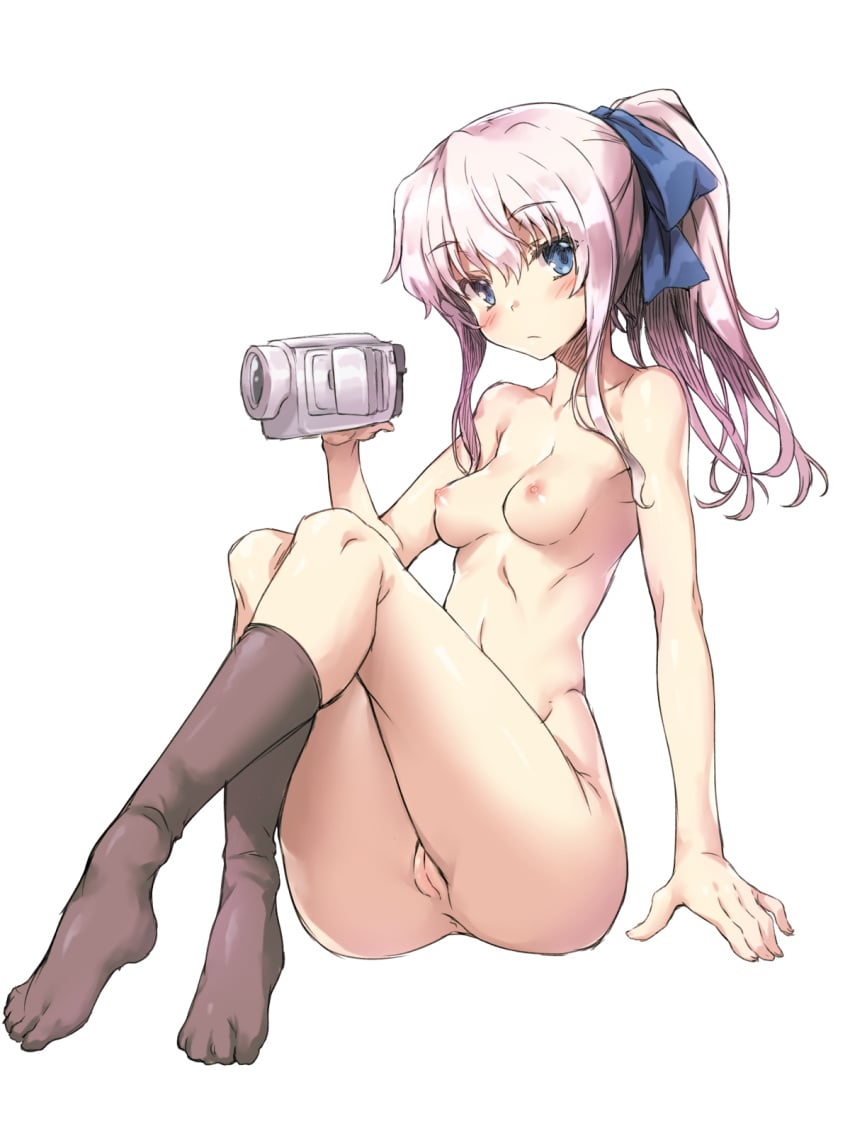 1girls ass blue_eyes bow breasts camera charlotte_(anime) female female_only nipples nude pussy redcomet silver_hair solo thighhighs tomori_nao