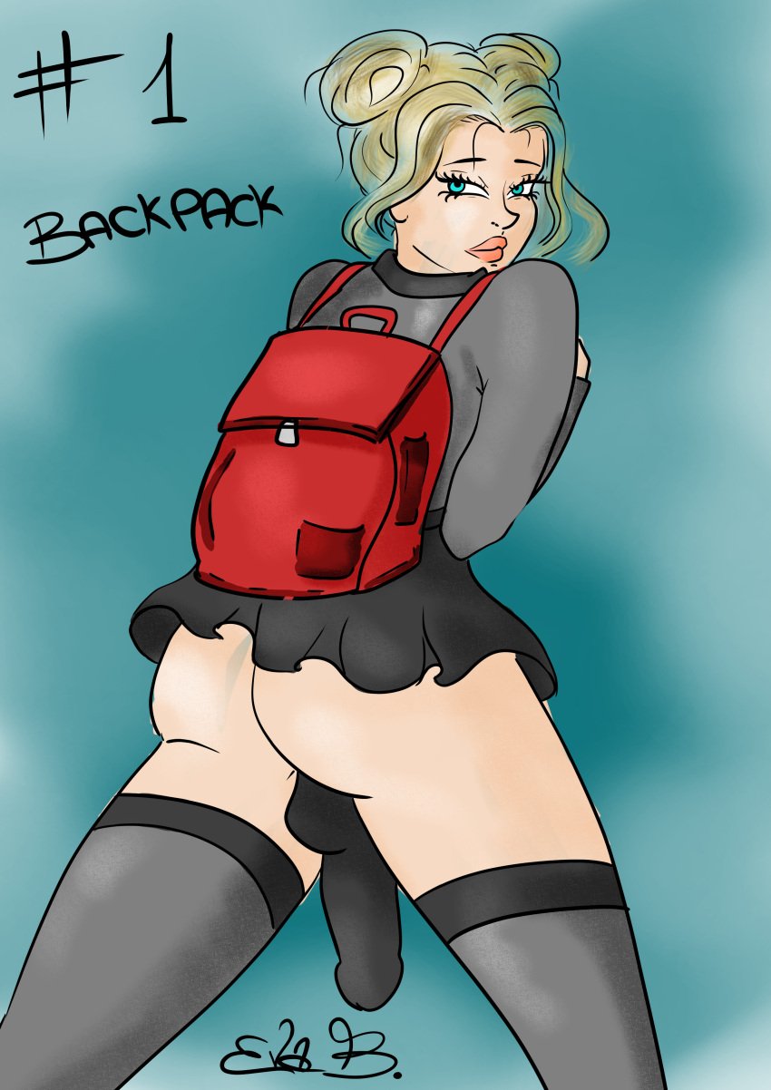 backsack blonde_futa blonde_hair blue_eyes dickgirl futa_only futanari futanari inktober inktober_2024 school_bag school_uniform