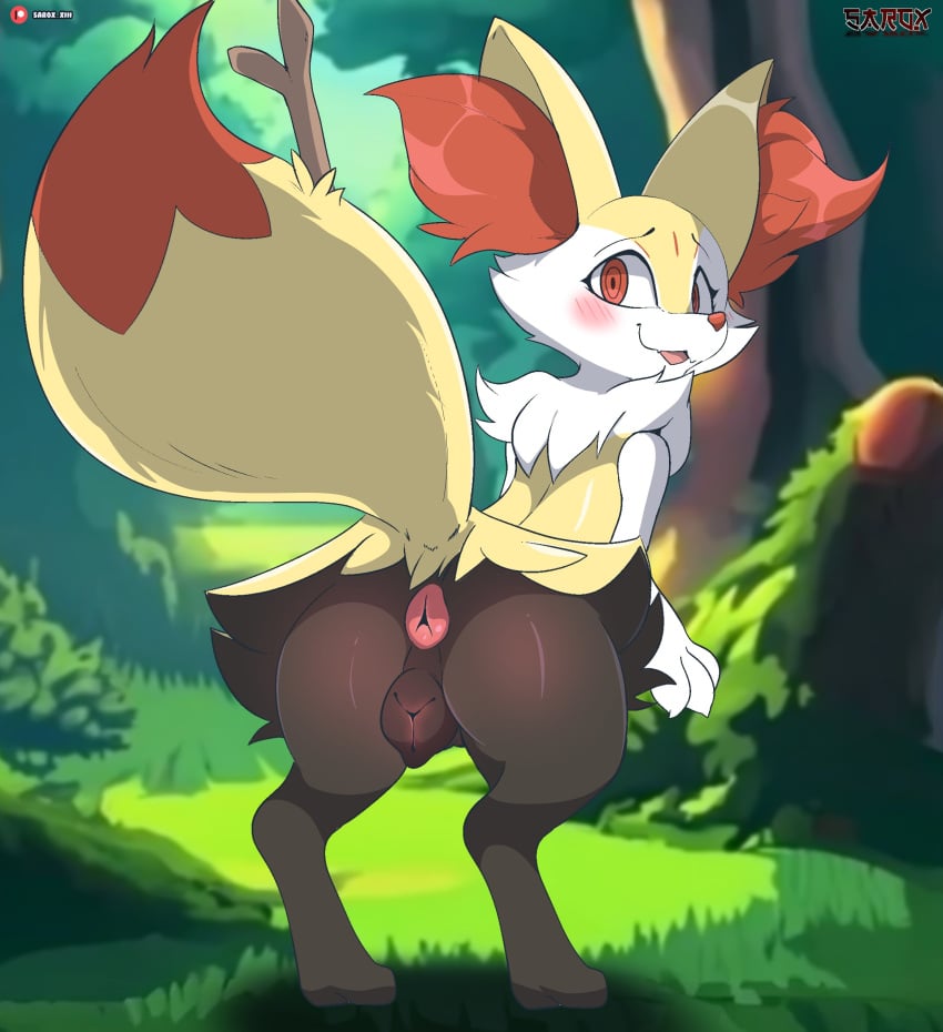 absurd_res animal_genitalia animal_pussy anthro anus ass biped black_body black_fur braixen canine_genitalia canine_pussy detailed_background female fur generation_6_pokemon genitals hi_res looking_at_viewer looking_back looking_back_at_viewer multicolored_body multicolored_fur nintendo orange_body orange_eyes orange_fur orange_tail pokemon pokemon_(species) presenting presenting_hindquarters pussy rear_view sarox smile solo tail yellow_body yellow_fur yellow_tail