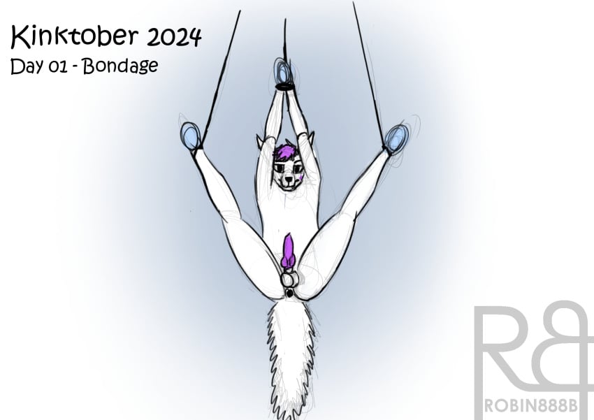 animal_genitalia animal_penis anthro ass bondage bondage bondage_gear bondage_gloves bound canid canine canine_genitalia canine_penis canis clothing fur genitals gradient_background hair handwear hi_res knot knotted_penis male mammal penis purple_hair purple_penis ravenspart robin888b simple_background solo white_body white_fur wolf