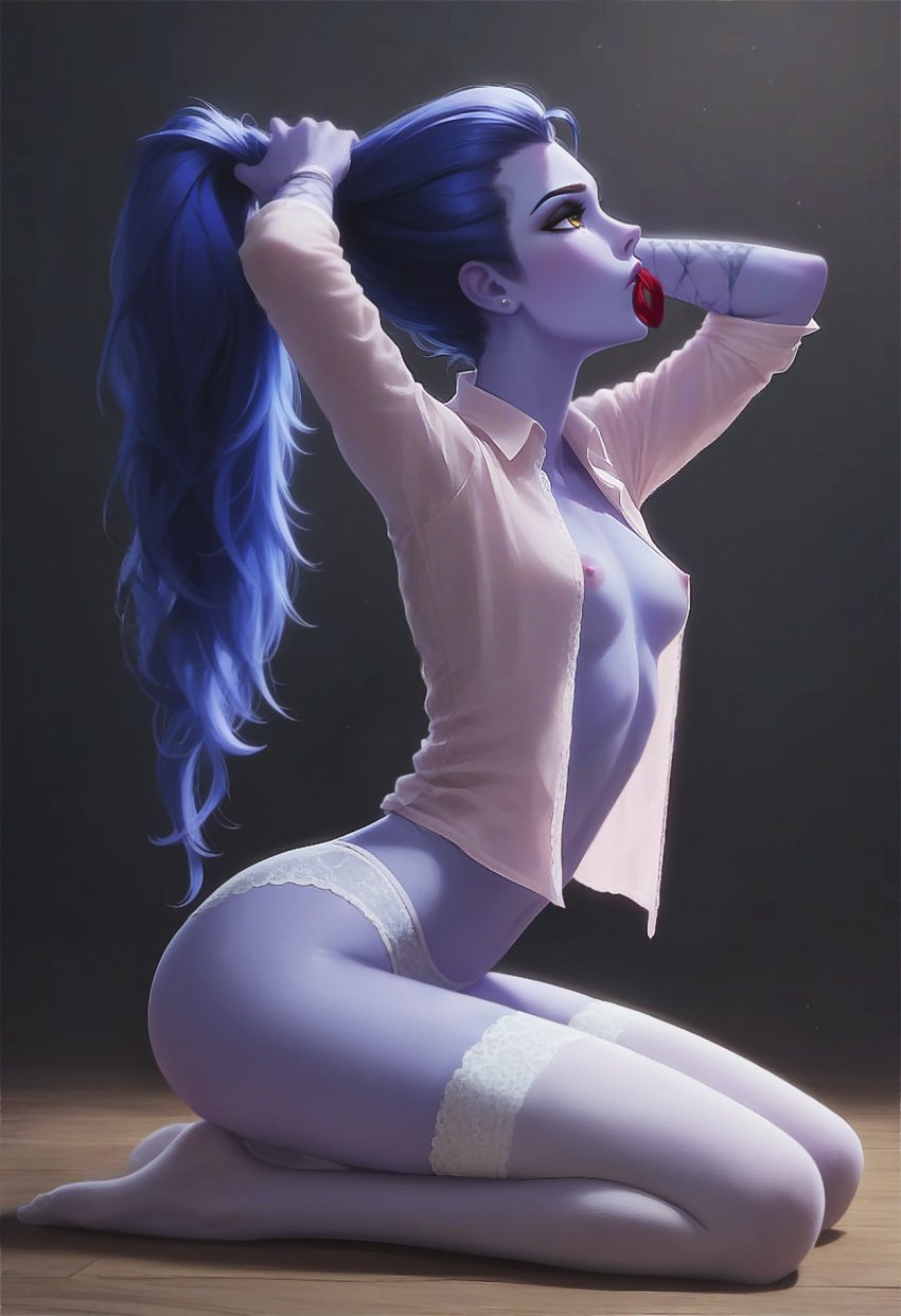 1girls ai_generated breasts grabbing_hair kneeling lace_panties lace_stockings lingerie looking_up open_shirt overwatch panties ponytail ponytail_hold ragen ragen_nsfw scrunchie seductive seductive_look seductive_pose shirt small_breasts solo stockings thighhighs tying_hair widowmaker