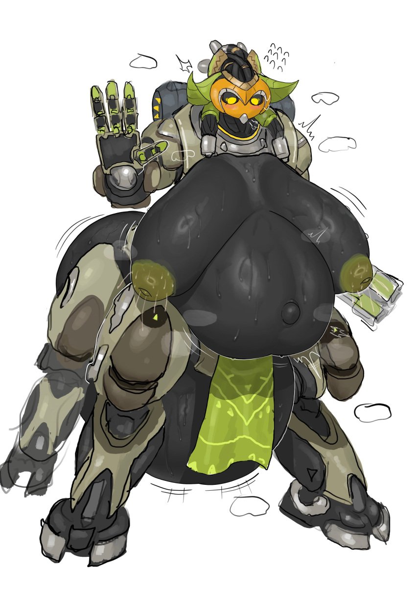 absurd_res anthro areola ass belly big_belly big_breasts big_butt blizzard_entertainment bodily_fluids breasts female gesture gun hi_res horn huge_belly huge_breasts im51nn5 inverted_nipples lactating lactation machine metal metallic_body milk nipples omnic orisa overwatch overweight overweight_female pregnant pregnant_female pregnant_taur ranged_weapon robot sagging_breasts solo taur waving weapon