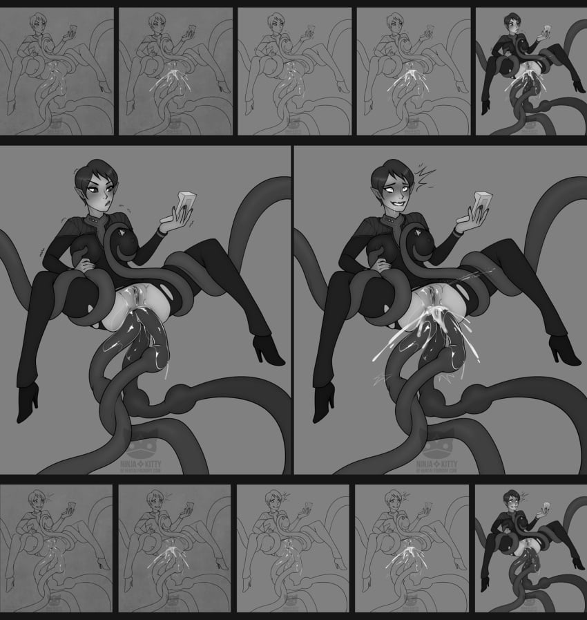 alien alien_girl alien_humanoid anal anal_sex black_and_white cum cum_in_ass cum_inside female female_focus female_penetrated high_heels interspecies monochrome multiple_panels ninjakitty original_character pixie_cut pointy_ears scanner short_hair sketch spread_legs star_trek starfleet_insignia starfleet_uniform suspension tentacle tentacle_cum tentacle_in_ass tentacle_monster tentacle_on_breast tentacle_sex torn_clothes triple_anal triple_penetration vulcan_(species)