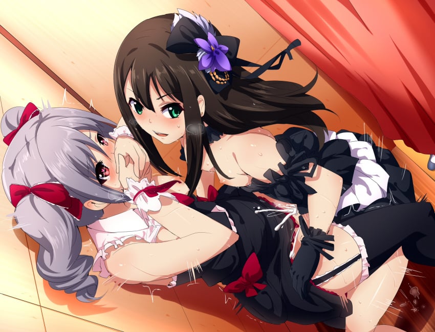 1futa 1girls breasts cum dress female futa_on_female futa_with_female futanari hands_over_mouth human idolmaster idolmaster_cinderella_girls intersex kanzaki_ranko nipples no_bra open_clothes open_shirt shibuya_rin shirt skirt_lift standing stealth_sex stockings thighhighs umakatsuhai