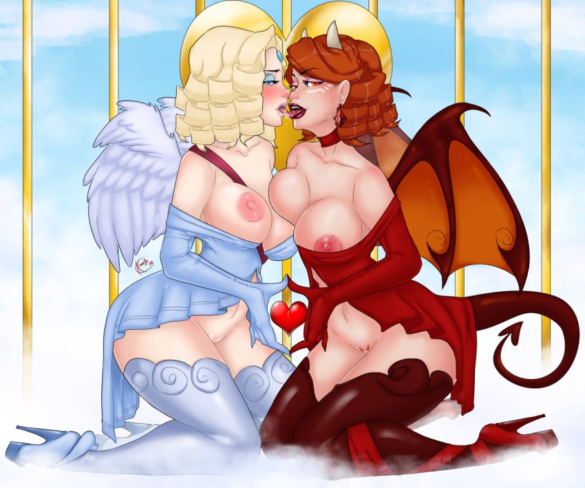 2016 angel big_breasts breasts crystal_maiden demon_horns demon_tail demon_wings devil dota_2 female heart heaven heels horns incest kissing lina multiple_girls nipples red_hair siblings sisters skirt softcore stockings tail valentine wings xinaelle yuri