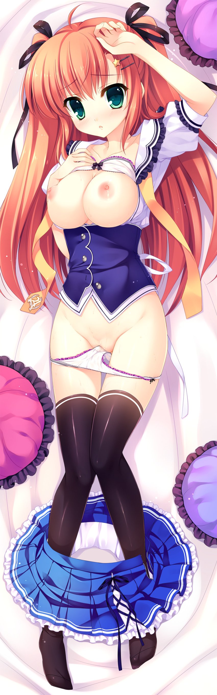 bra breasts dakimakura mitha nanawind nipples open_clothes open_shirt panties panty_pull seifuku shirt takasaki_honoka thighhighs yuyukana