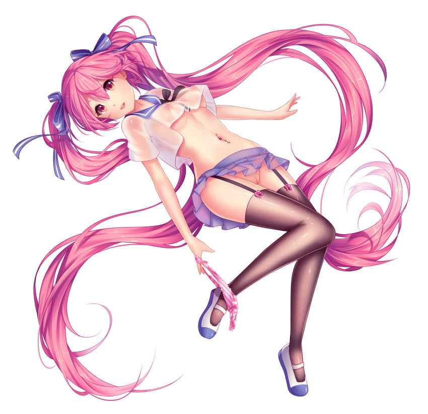 absurdres alternate_costume black_legwear breasts crop_top female full_body garter_belt garter_straps hatsune_miku highres hyanna-natsu large_breasts long_hair microskirt miniskirt navel navel_piercing nipples no_bra no_panties panties panties_around_leg panty_pull piercing pink_eyes pink_hair pussy sailor_collar sakura_miku school_uniform see-through serafuku shoes simple_background skirt solo striped striped_panties thighhighs tied_hair twintails uncensored underboob underwear undressing very_long_hair vocaloid white_background