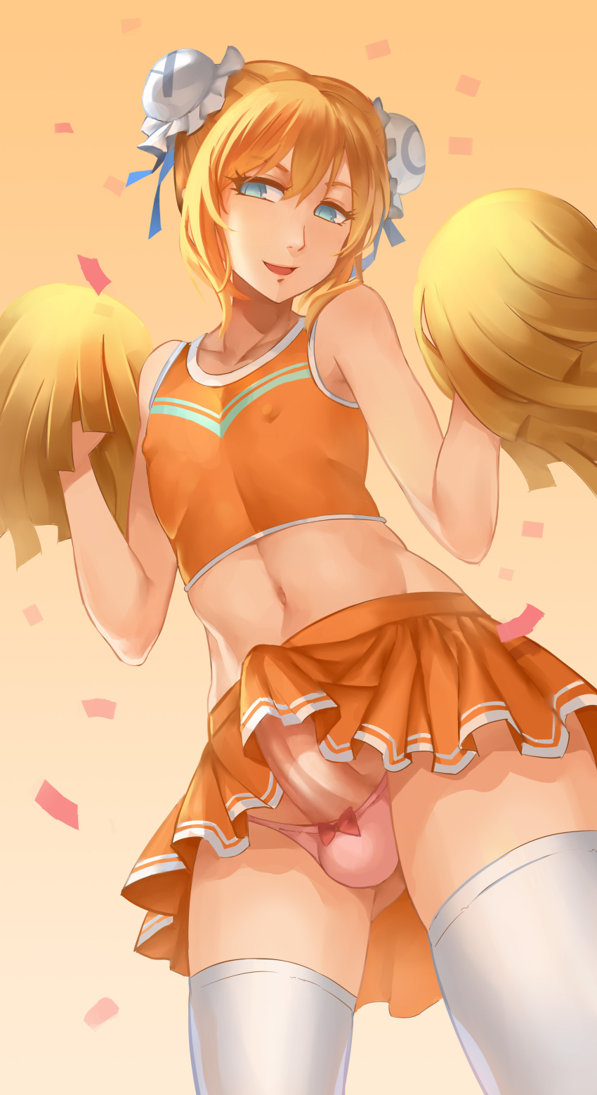 1boy androgynous balls_in_panties blonde_hair blue_eyes cheerleader cheerleader_uniform crossdressing femboy girly male male_cheerleader male_only navel nipples open_mouth penis penis_under_skirt pom_poms solo thighhighs trap vycma white_legwear