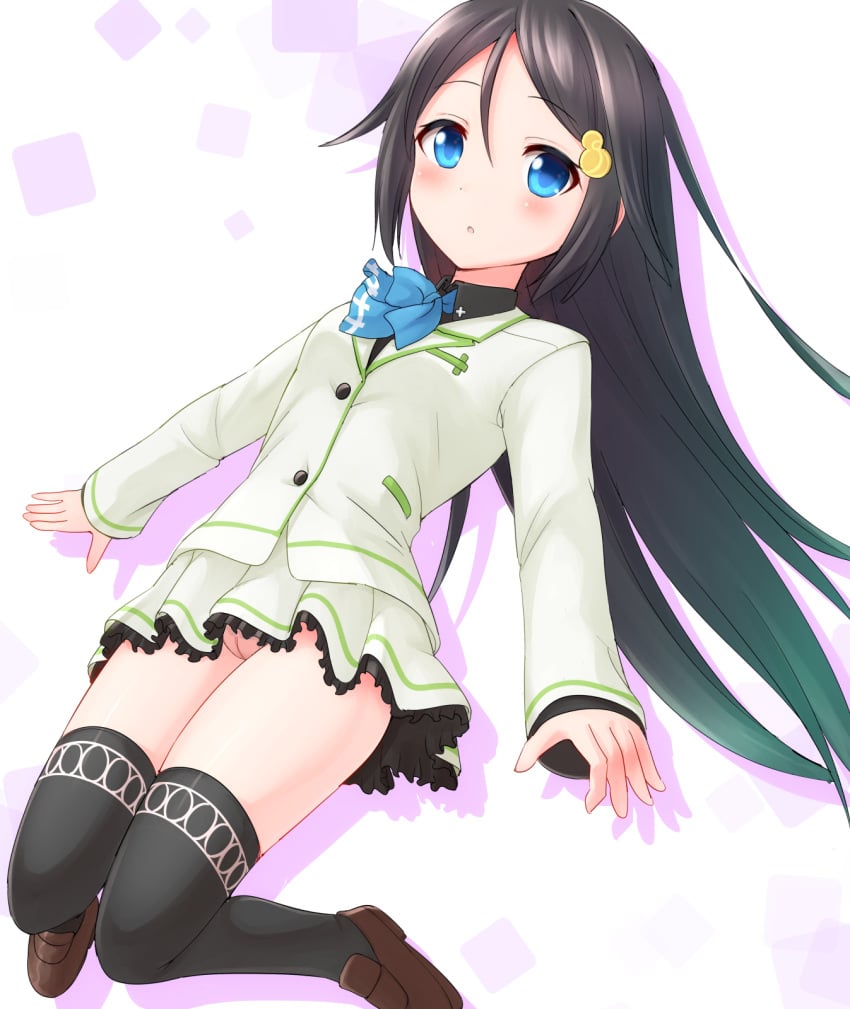 black_hair black_legwear blue_eyes blush cleft_of_venus clitoris faubynet female hair_ornament highres izumi_reina long_hair looking_at_viewer musaigen_no_phantom_world no_panties nude_filter open_mouth photoshop pleated_skirt pussy school_uniform skirt solo thighhighs upskirt very_long_hair