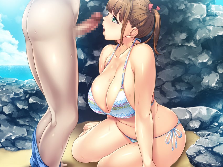 1boy1girl beach belly bikini breasts brown_hair censored cleavage collarbone female game_cg green_eyes hair_ribbon huge_breasts japanese_female large_breasts lips marshmallow_imouto_succubus mosaic_censoring navel nude ocean open_mouth penis plump ribbon sand short_hair side-tie_bikini sitting stepsister sumeragi_kohaku swimsuit tsukikawa_saki wide_hips