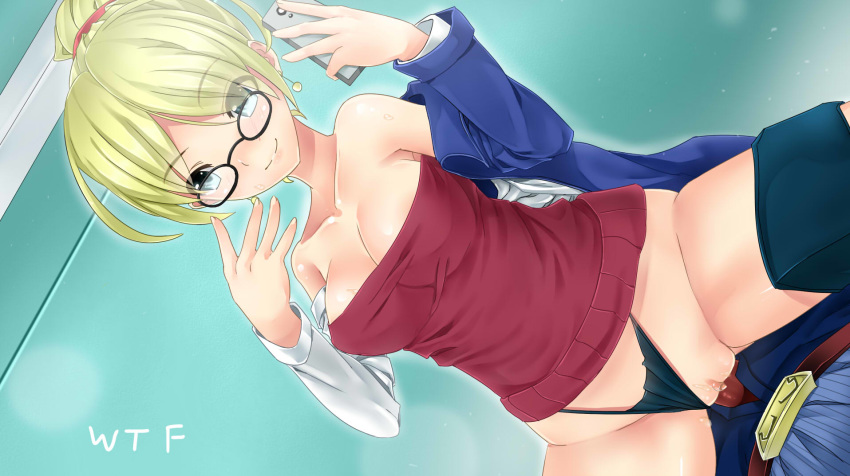 armpits artist_name bare_shoulders black-framed_glasses black_panties blonde_hair blue_eyes blue_jacket breasts buckle bulge cellphone cellphone_camera cleavage collarbone cowgirl_position denim earrings erection erection_under_clothes eyes_visible_through_hair female forecast_janna glasses groin hair_over_one_eye highres holding_phone indoors jacket janna_windforce jeans jewelry league_of_legends long_sleeves male off-shoulder_sweater off_shoulder open_clothes open_jacket open_shirt panties panties_aside pants penetration penis phone pussy pussy_juice round_glasses scrunchie sex shirt short_hair short_ponytail smile spread_legs straddling striped striped_shirt sweater the_grind_series thong_panties underwear vaginal_penetration white_shirt wtfaomfg