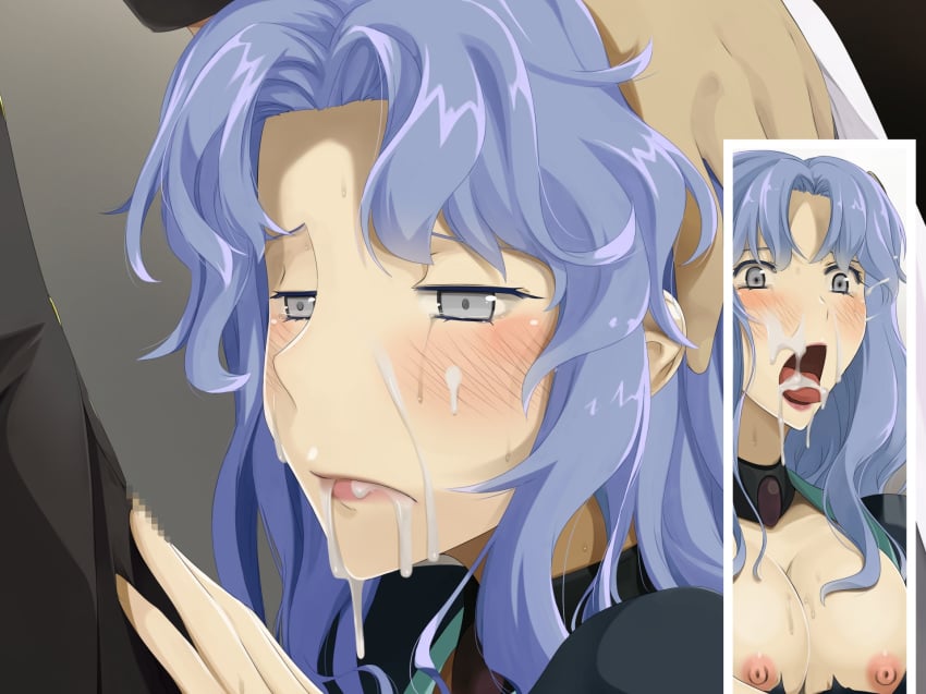 areolae blue_hair blush breasts censored close-up cum cum_in_mouth detached_collar el_hazard facial female highres ifurita large_breasts long_hair nipples open_mouth partial_male silver_eyes solo_focus sweat tears teitetsu_kishidan tongue torn_clothes upper_body wavy_hair