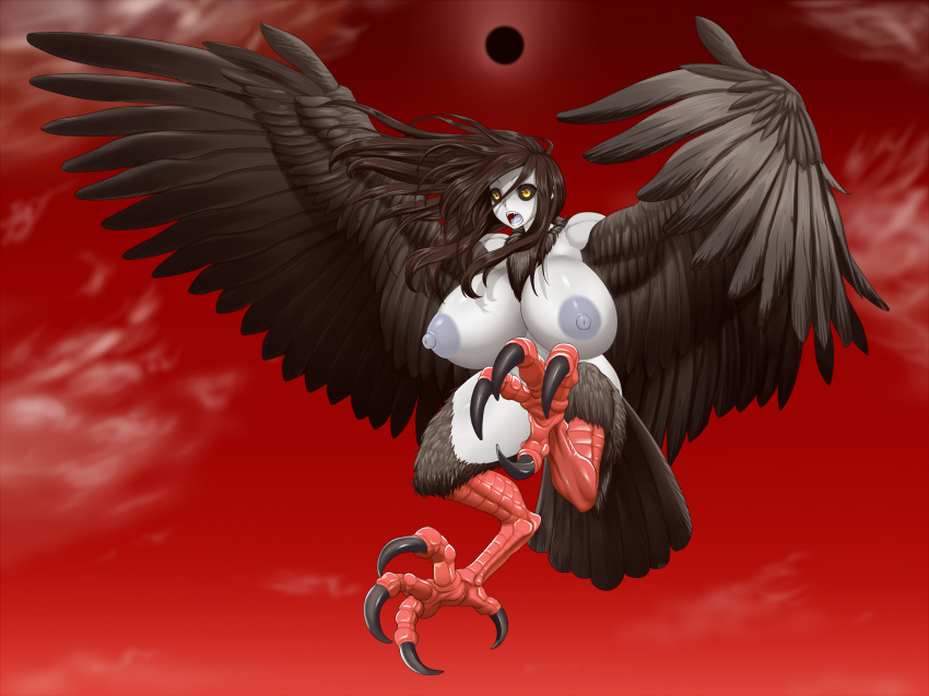 areolae black_sclera breasts feathers female flight green_eyes harpy huge_breasts monster_girl nipples odhiumfree open_mouth paradise_lost talons thick_thighs white_skin wings