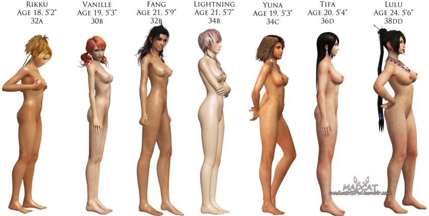 3d 6+girls 7girls ass black_hair blonde_hair breast_envy breasts brown_hair bust_chart eclair_farron feet female female_only final_fantasy final_fantasy_vii final_fantasy_x final_fantasy_xiii green_eyes human large_breasts legs lineup long_hair lulu_(final_fantasy) multiple_girls navel nipples nude oerba_dia_vanille oerba_yun_fang_(ff_xiii) orange_hair pink_hair rikku simple_background small_breasts square_enix tall tifa_lockhart white_background yuna