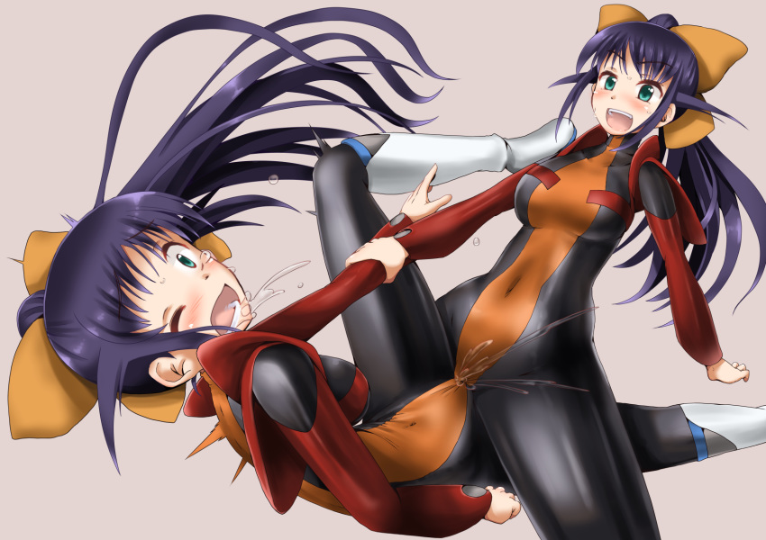 2girls andou_mahoro arm_grab blue_hair blush bodysuit boots bow breasts female female_ejaculation green_eyes hairbow highres long_hair mahoromatic minase_(takaoka_nanase) multiple_girls one_eye_closed open_mouth orgasm ponytail pussy_juice saliva selfcest simple_background sweat takaoka_nanase tears tied_hair tribadism tribadism_through_clothing twintails yuri