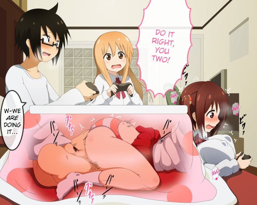 1boy 2girls black_hair blonde_hair blush bottomless breasts brother_and_sister brown_eyes brown_hair butterfly_sitting clothed_sex controller doma_taihei doma_umaru ebina_nana erect_nipples glasses hair hard_translated himouto!_umaru-chan kotatsu large_breasts long_hair lying morokoshitaroh motion_lines multiple_girls on_stomach open_mouth panties penetration penis pillow playing_games profile pun school_uniform semi-rimless_glasses sex sex_from_behind shimapan short_hair siblings skirt skirt_lift stealth_sex straight striped striped_panties table text tied_hair translated twintails under-rim_glasses under_kotatsu under_the_table underwear vaginal_penetration wavy_mouth