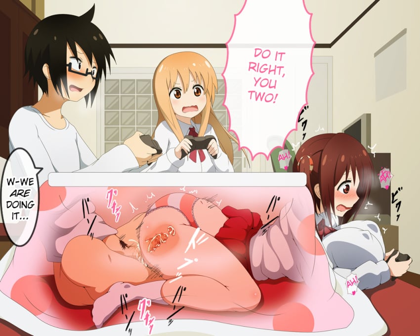 1boy 2girls ass black_hair blonde_hair blush bottomless breast_rest breasts brother_and_sister brown_eyes brown_hair butterfly_sitting censored clothed_sex clothing controller covered_nipples cross_section cum cum_in_pussy cum_in_uterus cum_inside doggy_style doma_taihei doma_umaru ebina_nana ejaculation english_text erect_nipples female from_behind full_body game_controller gamepad glasses hair hard_translated himouto!_umaru-chan holding human indoors internal_cumshot kotatsu large_breasts light_brown_hair long_hair lying male morokoshitaroh motion_lines multiple_girls no_shoes on_stomach open_mouth panties panties_aside penetration penis pillow playing_games polka_dot profile pubic_hair pun red_skirt saliva school_uniform semi-rimless_glasses sex sex_from_behind shimapan shirt short_hair siblings sitting skirt skirt_around_belly skirt_lift socks spread_legs stealth_sex straight striped striped_panties table text tied_hair translated twintails under-rim_glasses under_kotatsu under_the_table underwear uniform uterus vaginal_penetration wavy_mouth white_legwear wide_eyed x-ray