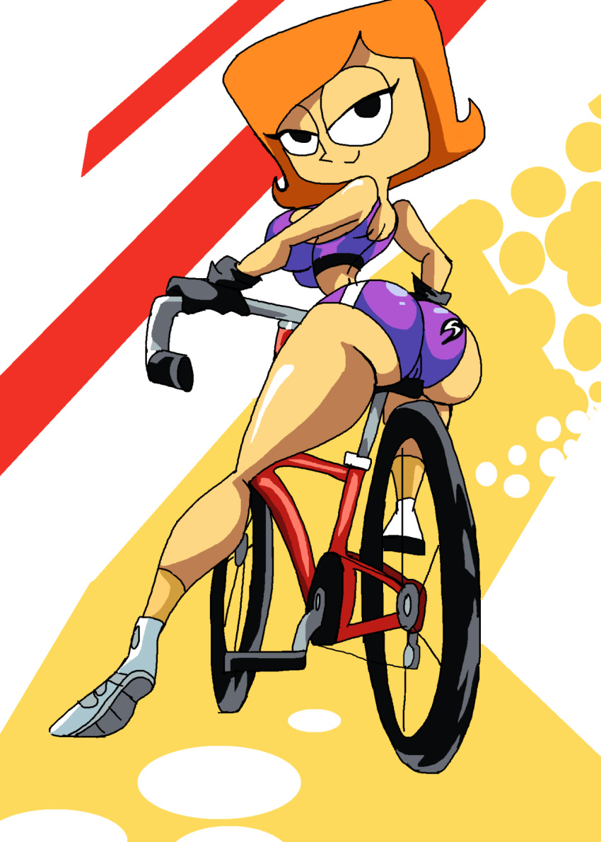 1girls ass bicycle bike_shorts breasts cameltoe debbie_turnbull debs_turnbull female female_only human looking_at_viewer looking_back manic47 milf orange_hair robotboy solo sports_bra