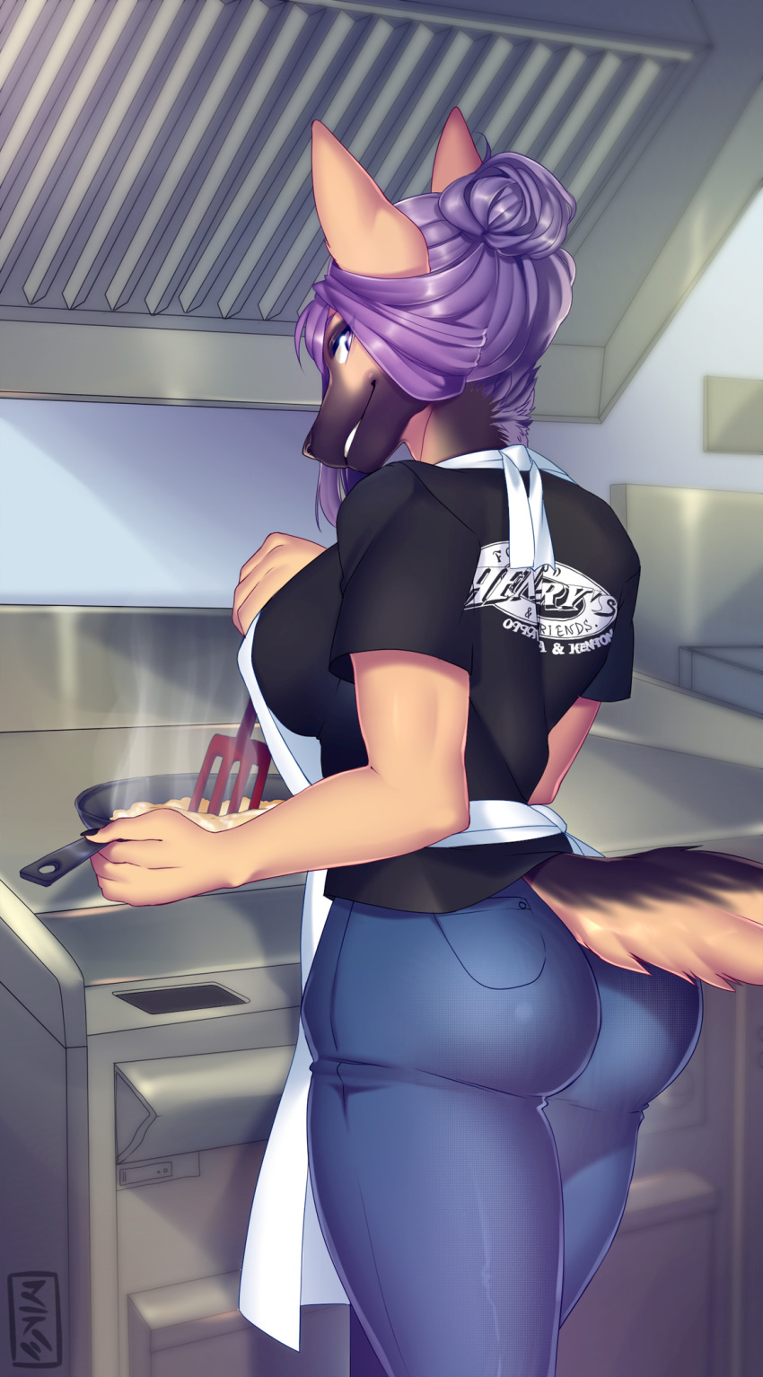 anthro apron ass canine clothed clothing cooking female food hair hi_res inside looking_back mammal matemi-i purple_hair smile solo standing teeth