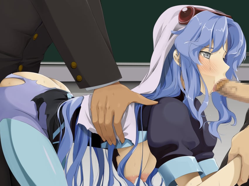 1girls areolae arm_grab ass blue_hair blush breasts chalkboard classroom clothed_sex curvaceous el_hazard fellatio female hanging_breasts highres ifurita large_breasts legs long_hair looking_away nipples oral pale-skinned_female pale_skin partial_male penetration school_uniform sex silver_eyes solo_focus tears teitetsu_kishidan thighs torn_clothes vaginal_penetration wavy_hair