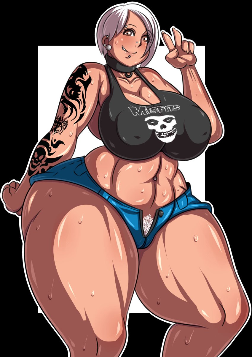 1girls bakudemon commissioner_oc commissioner_upload crop_top curvy daisy_dukes goth hot_pants milf muscular_female open_shorts piercings pubic_hair short_shorts sweat tank_top thick_thighs white_hair