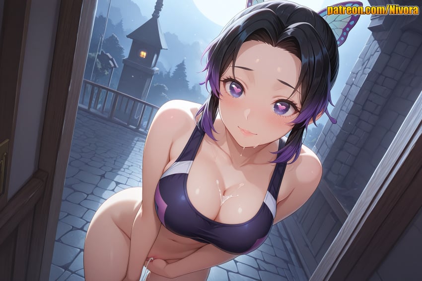 1girl after_sex after_vaginal ai_generated bare_arms bare_shoulders black_hair black_sports_bra blue_eyes blush bottomless breasts butterfly_hair_ornament censored cleavage clock_tower closed_mouth collarbone cowboy_shot cum cum_in_mouth cum_in_pussy cum_on_body cum_on_breasts cumdrip demon_slayer doorway dutch_angle facial female_masturbation full_moon gradient_hair hair_ornament hand_between_legs heart heart-shaped_pupils kimetsu_no_yaiba kochou_shinobu large_breasts leaning_forward looking_at_viewer masturbation moon multicolored_hair navel night night_sky nivora open_door outdoors parted_bangs pov_doorway purple_eyes purple_hair pussy pussy_juice shinobu_kocho short_hair sidelocks sky smile solo sports_bra standing standing_masturbation stomach symbol-shaped_pupils two-tone_hair
