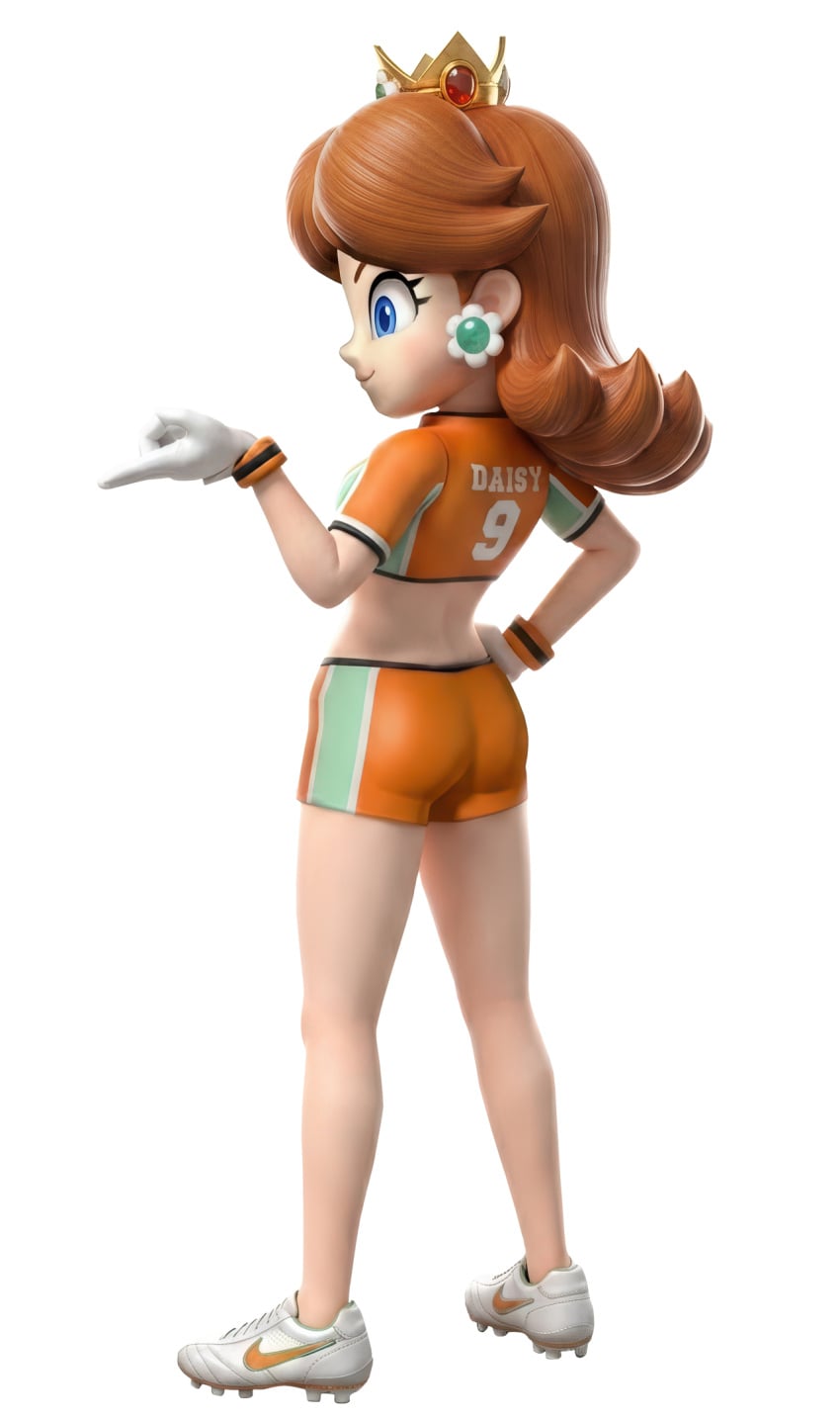 3d ai_generated ass ass_focus back bare_legs brown_hair crown energetic flipped_hair from_behind gloves huge_ass legs mario_(series) mario_strikers mario_strikers_(series) nintendo orange_shirt orange_shorts princess princess_daisy sassy sexy_body smile sneakers soccer_uniform super_mario_strikers tight_shorts tomboy uniform