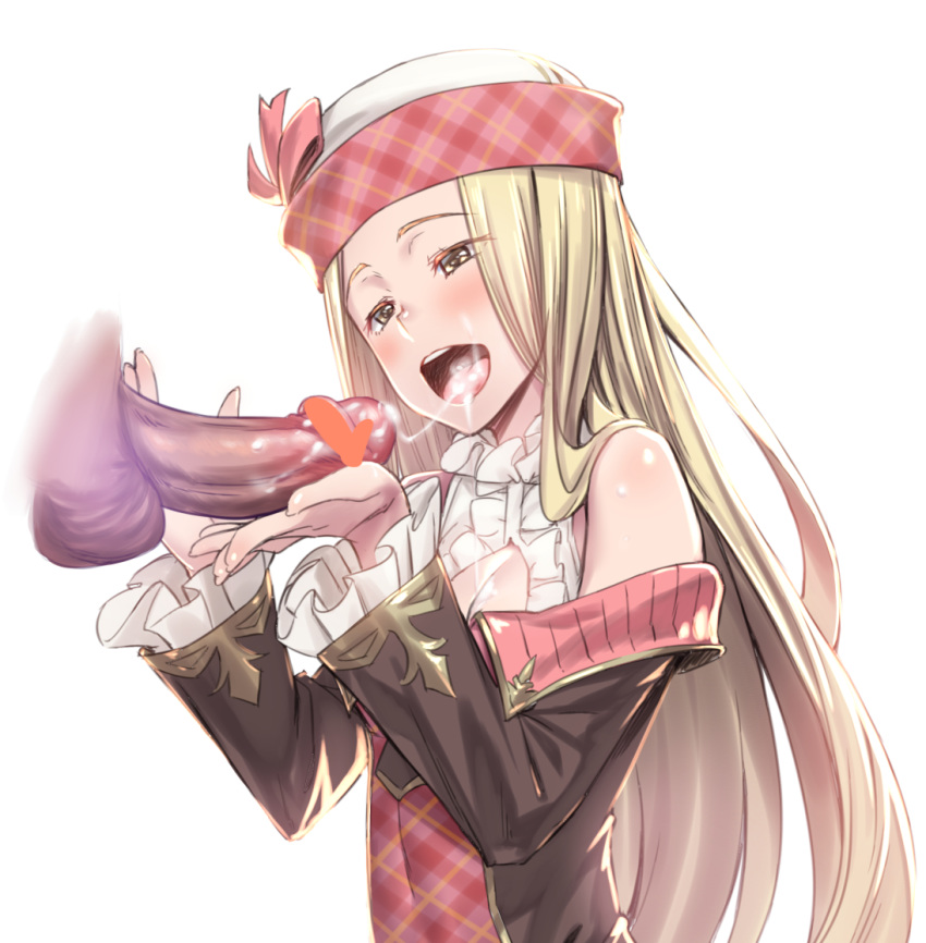 bare_shoulders blonde_hair blush breasts caress censored cleavage cum cum_in_mouth cum_on_body cum_on_tongue cum_on_upper_body cum_string diola_(granblue_fantasy) duo facial female granblue_fantasy h_kasei long_hair open_mouth penis smile solo_focus straight tongue yellow_eyes